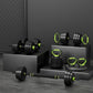 Everfit 25kg adjustable dumbbells set with weight plates and barbells, suitable for gym and fitness exercises.