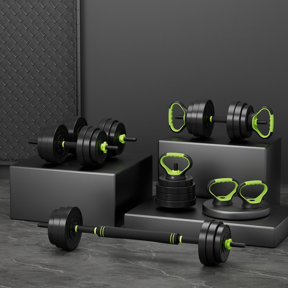 Everfit 25kg adjustable dumbbells set with weight plates and barbells, suitable for gym and fitness exercises.