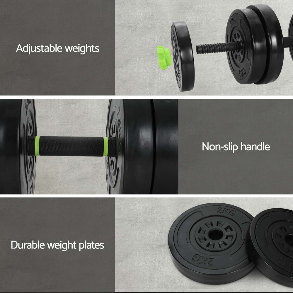Everfit 25kg adjustable dumbbells set with weight plates and barbells for gym and strength training exercises.