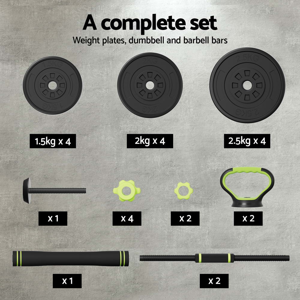 Everfit 25kg adjustable dumbbells set with weight plates and barbells for gym and fitness workouts.