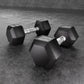 Everfit 20kg hex dumbbells set with two 10kg weights for gym workouts, lying on a lifting bench in a fitness environment