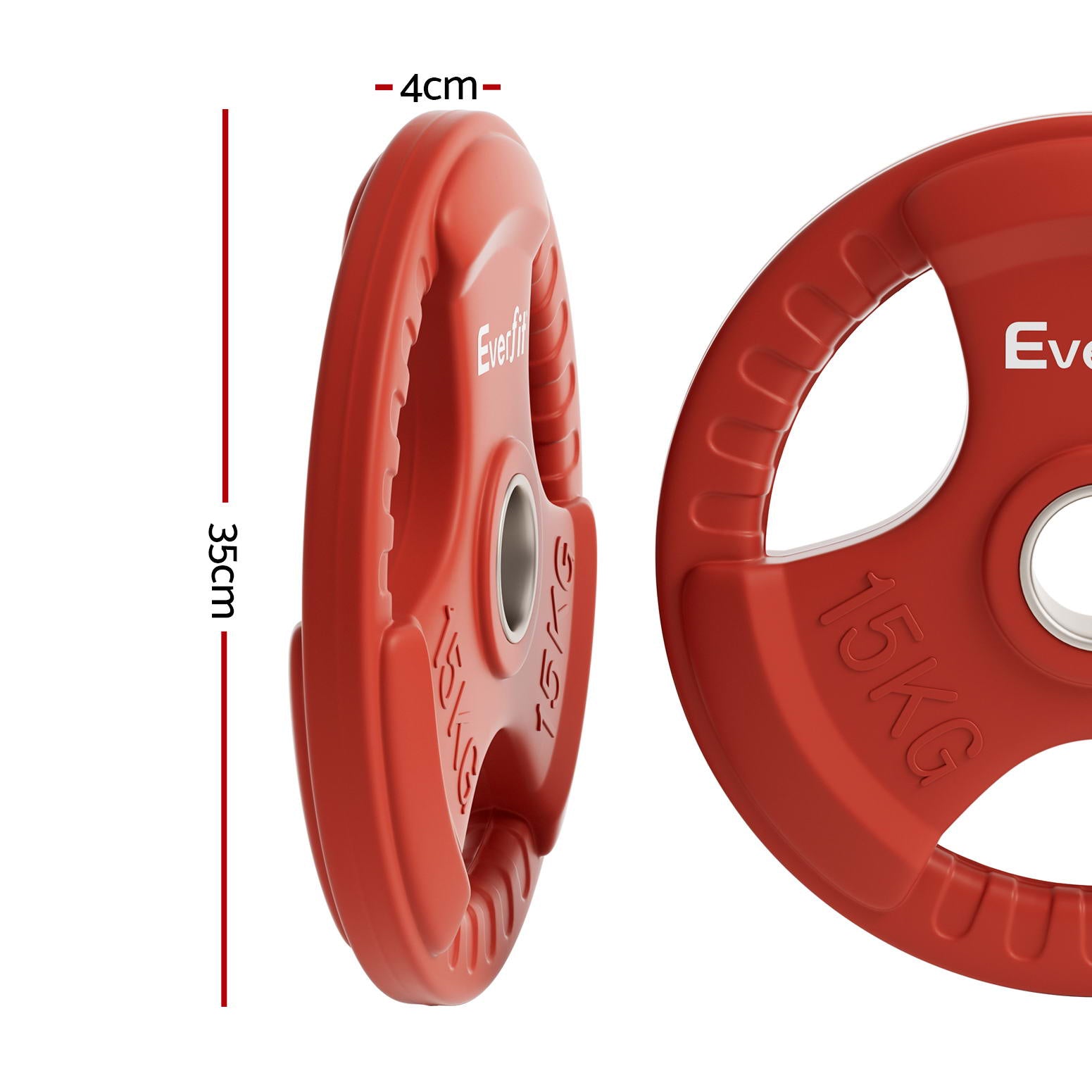 Red Everfit 15kg Olympic weight plate for dumbbell and barbell training, ideal for home gym weight lifting equipment.