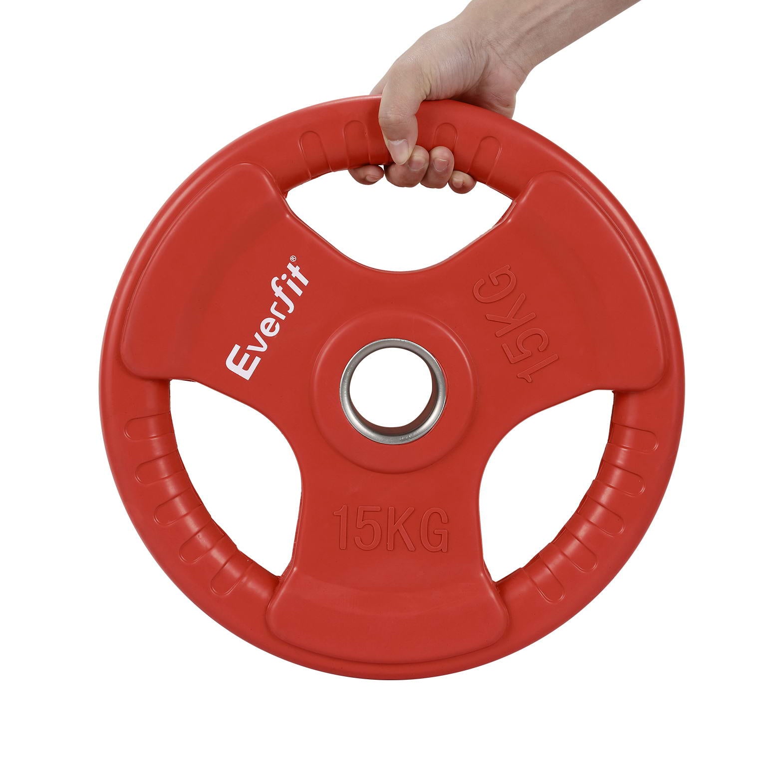Red 15kg Everfit Olympic weight plates for dumbbell and barbell lifting, ideal for home gym strength training.