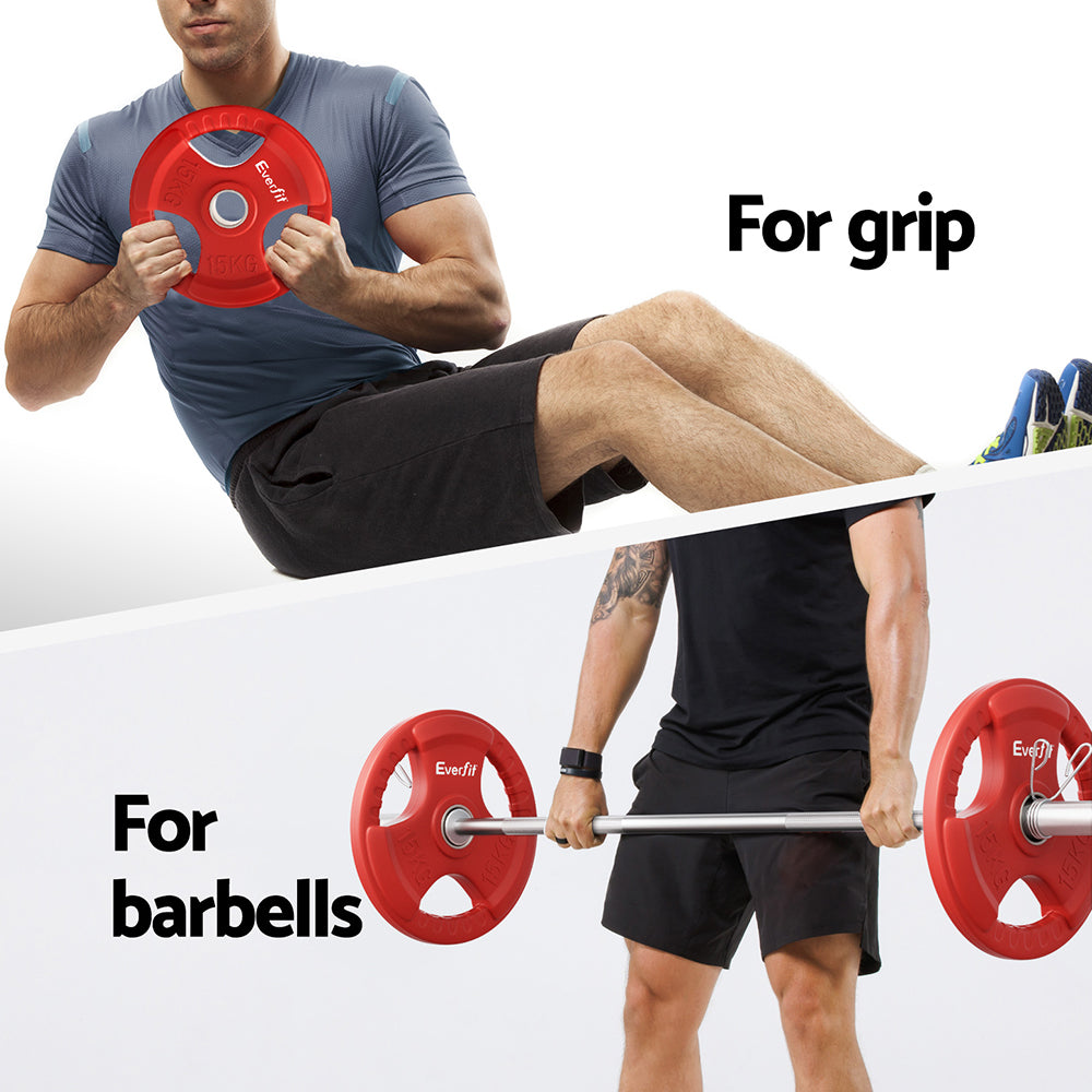 Red 15kg Olympic weight plates for dumbbells and barbells, suitable for home gym weight lifting from Online Fitness Depot.