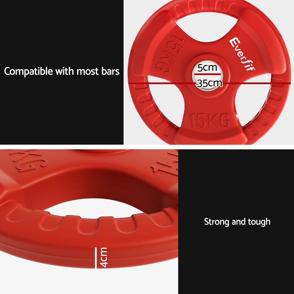 Red Everfit 15kg Olympic weight plates for dumbbell and barbell exercises, designed for home gym strength training.