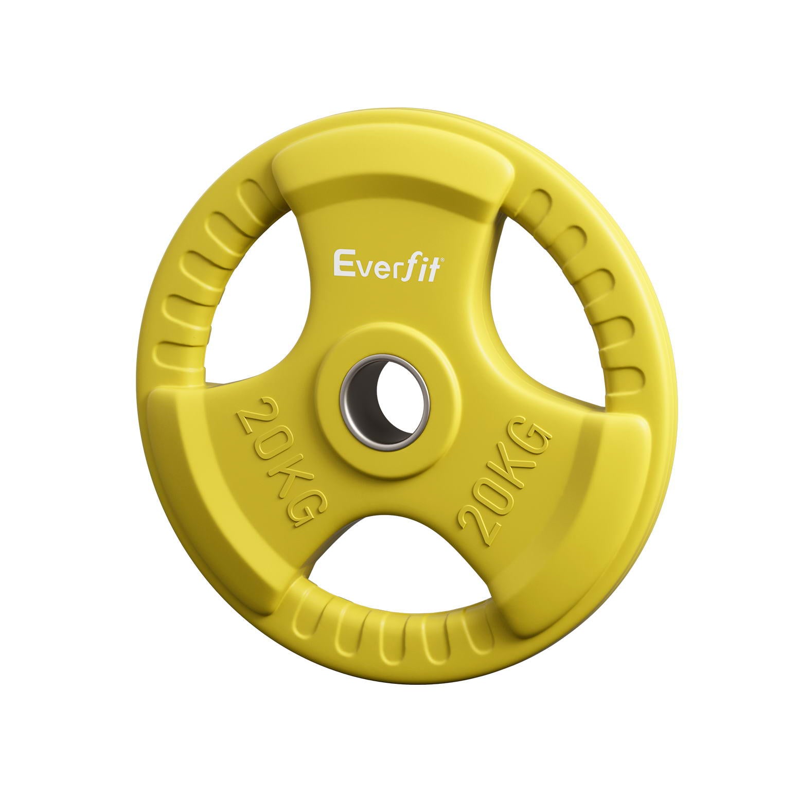 Yellow 20kg Olympic weight plates for dumbbell and barbell exercises from Online Fitness Depot in a home gym setting