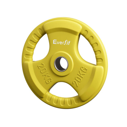 Yellow 20kg Olympic weight plates for dumbbell and barbell exercises from Online Fitness Depot in a home gym setting