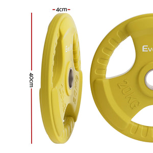 Yellow 20kg Everfit Olympic weight plates for dumbbells and barbells, ideal for home gym weight lifting and strength training.