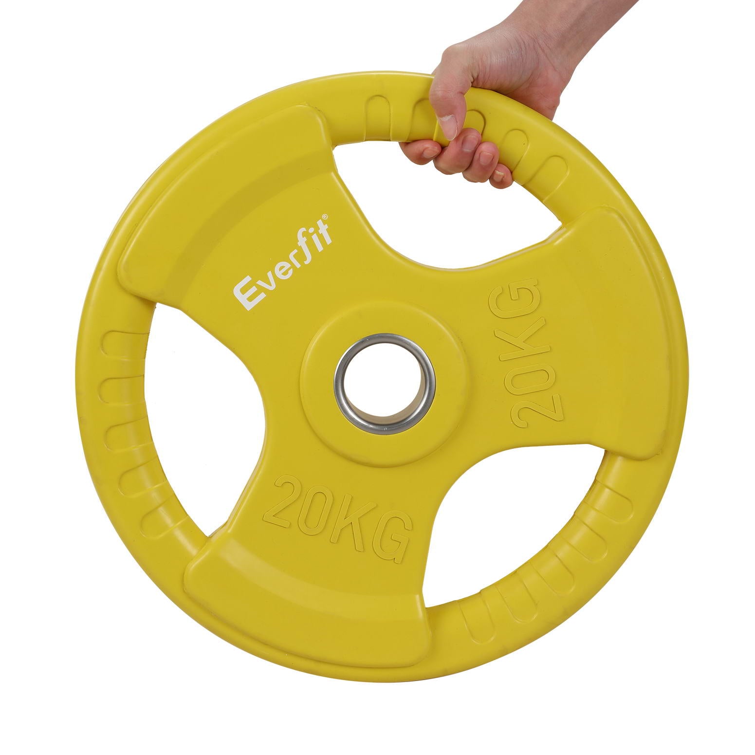 Yellow 20kg Olympic weight plates from Everfit, suitable for barbell and dumbbell weight lifting in home gym settings.