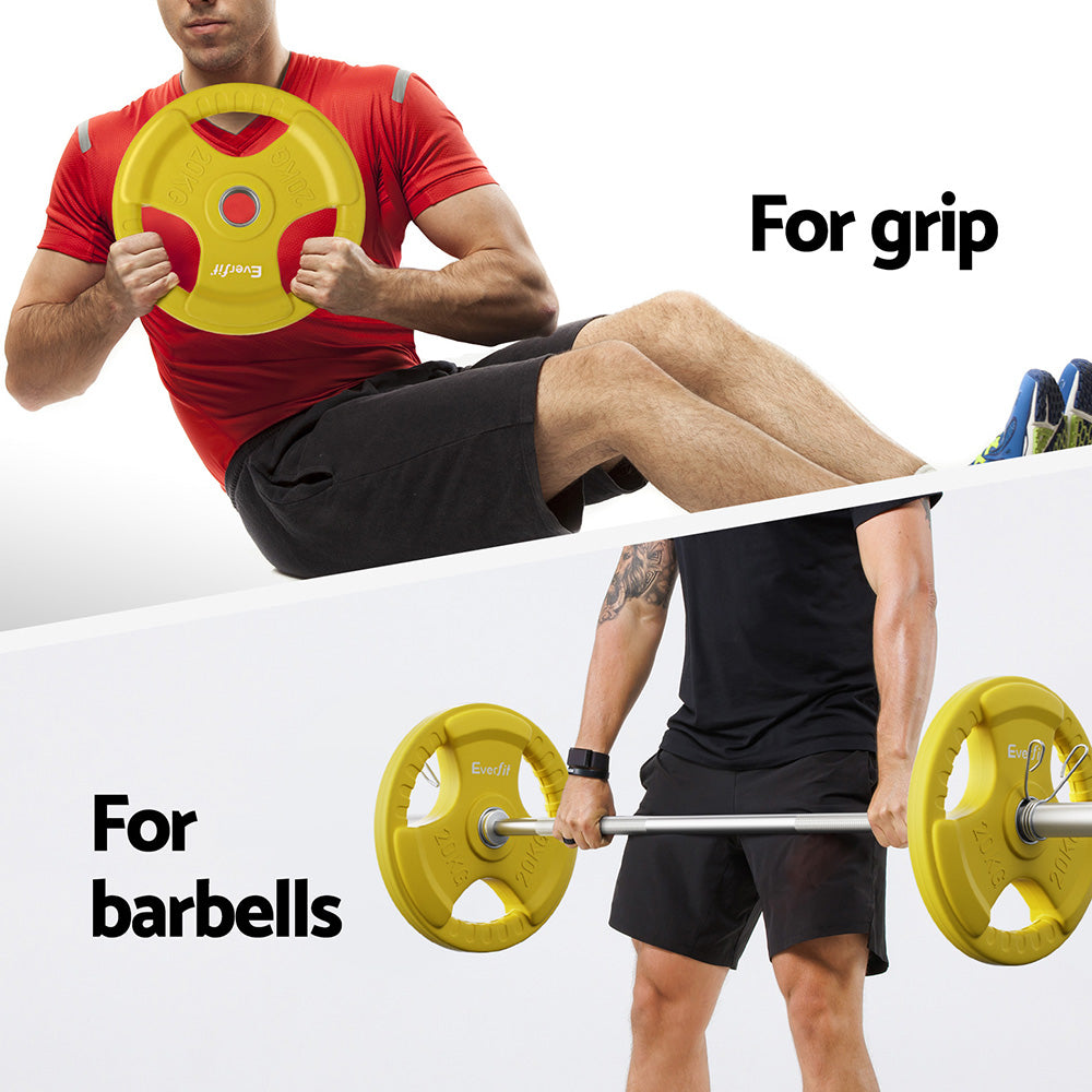 Yellow 20kg Everfit Olympic weight plates for dumbbell and barbell, suitable for home gym weight lifting and fitness training.