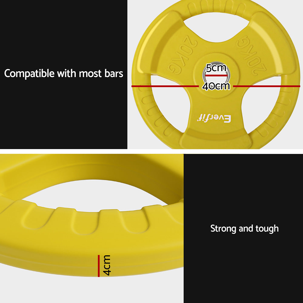 Yellow 20kg Everfit Olympic weight plates for dumbbell and barbell, suitable for home gym weight lifting exercises.