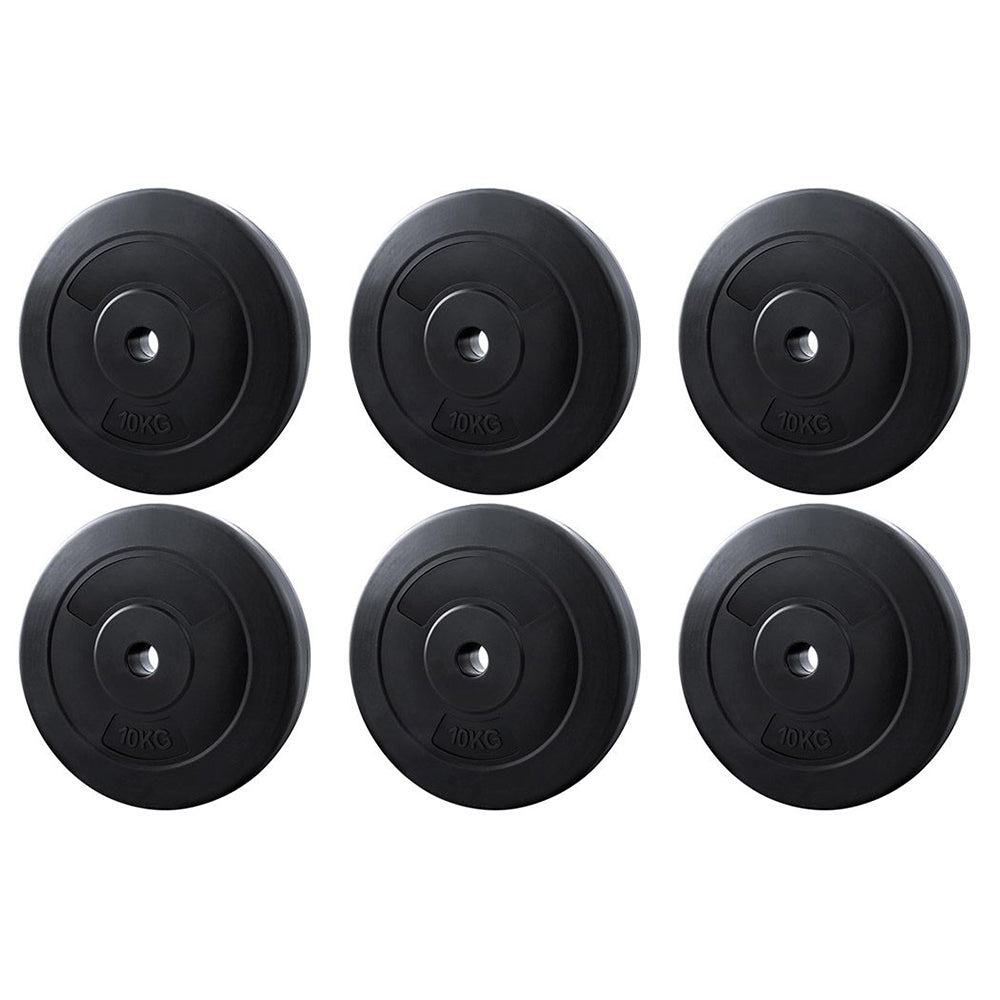 Everfit 60kg barbell weight plates for home gym, black steel plates for strength training and fitness exercises.