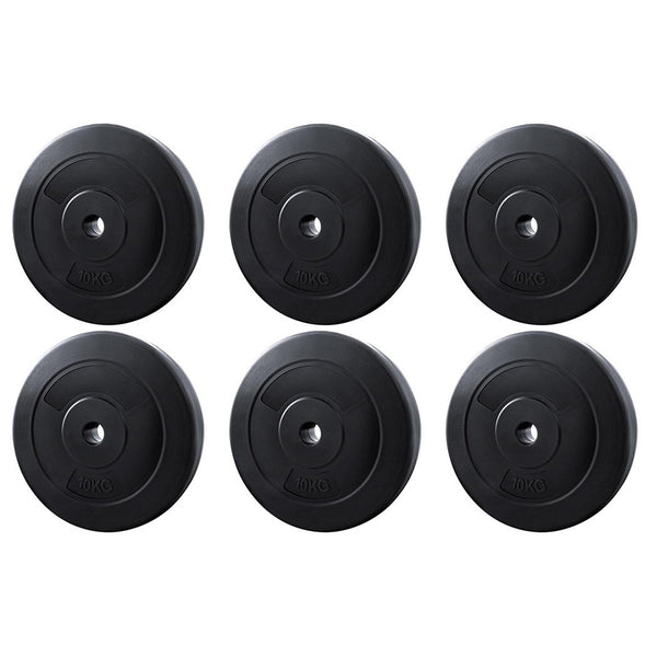 Everfit 60kg barbell weight plates for home gym, black steel plates for strength training and fitness exercises.