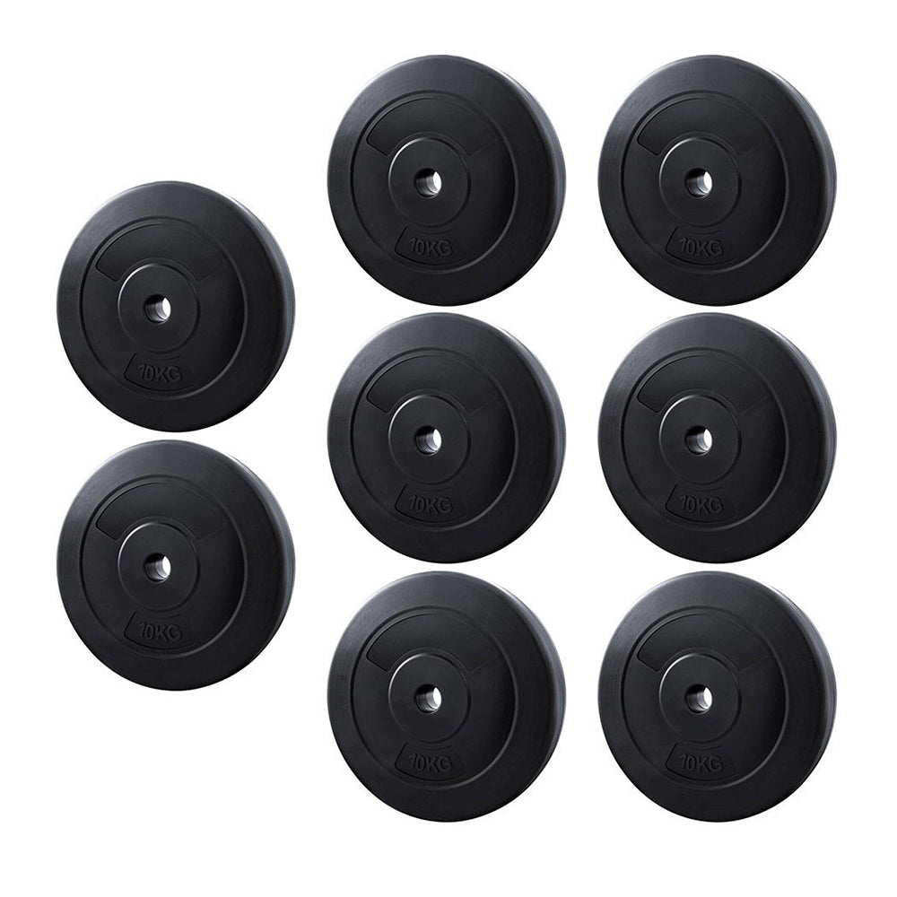 Everfit 80kg barbell weight plates for home gym, black metal, with standard size and weight markings for fitness exercises.