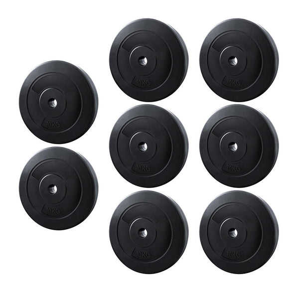 Everfit 80kg barbell weight plates for home gym, black metal, with standard size and weight markings for fitness exercises.
