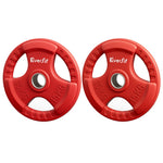 Red Everfit 15kg Olympic weight plates with matching dumbbell and barbell for home gym weight lifting exercises.