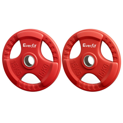 Red Everfit 15kg Olympic weight plates with matching dumbbell and barbell for home gym weight lifting exercises.