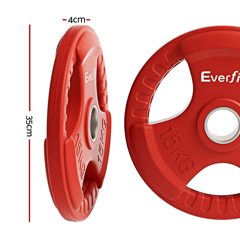 Pair of red 15kg Everfit Olympic weight plates for dumbbells and barbells, suitable for home gym weight lifting.