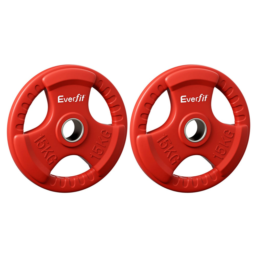 Red 15kg Olympic weight plates for dumbbell and barbell exercises, part of Everfit's home gym free weights collection.