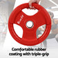 Red Everfit 15kg Olympic weight plates with matching dumbbell and barbell for home gym strength training.