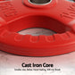Pair of 15kg red Olympic weight plates for dumbbells and barbells, suitable for home gym weightlifting from Online Fitness Depot