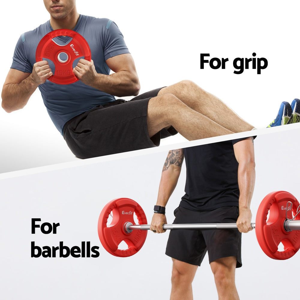 Red Everfit 15kg Olympic weight plates for dumbbell and barbell lifting, suitable for home gym fitness training.