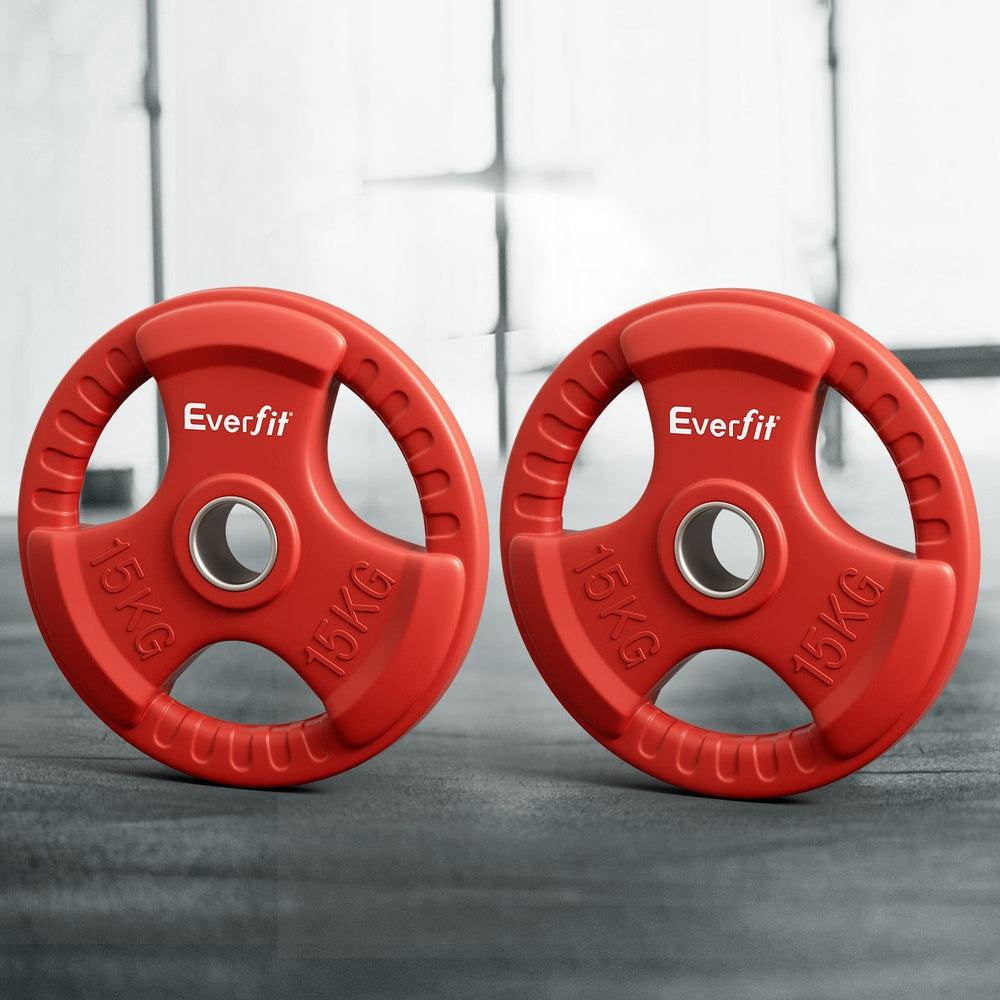 Red 15kg Everfit Olympic weight plates for dumbbell and barbell, part of a 30kg set, for home gym weight lifting and strength training