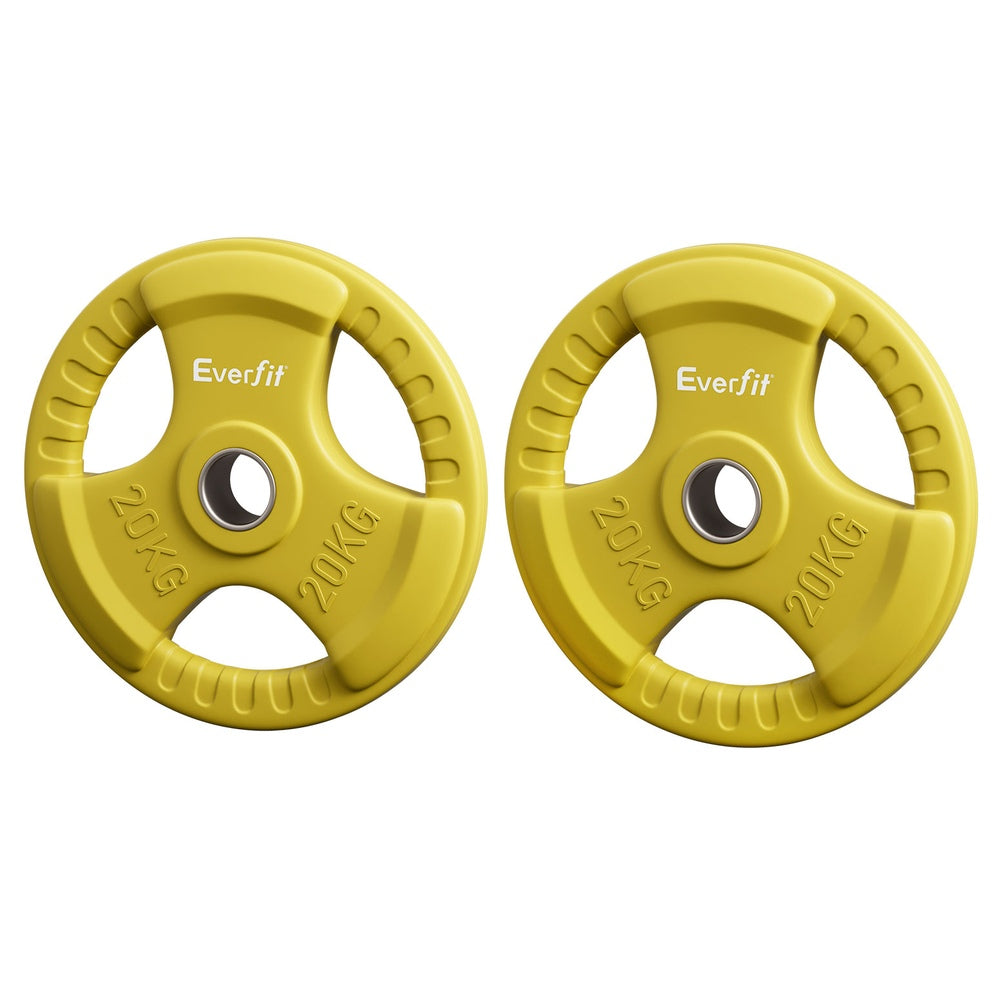 Yellow Everfit 20kg Olympic weight plates for dumbbells and barbells, suitable for home gym weight lifting.