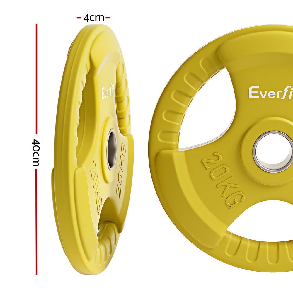 Yellow Everfit Olympic weight plates, 20kg each, for dumbbell and barbell, designed for home gym weight lifting, by Online Fitness Depot.