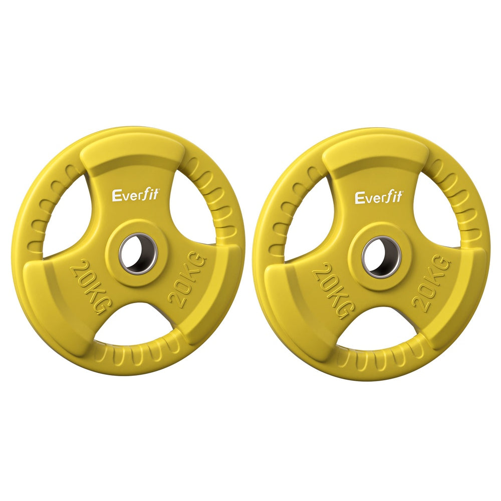 Yellow Everfit Olympic weight plates, 20kg each, for barbell and dumbbell workouts in home gym, by Online Fitness Depot