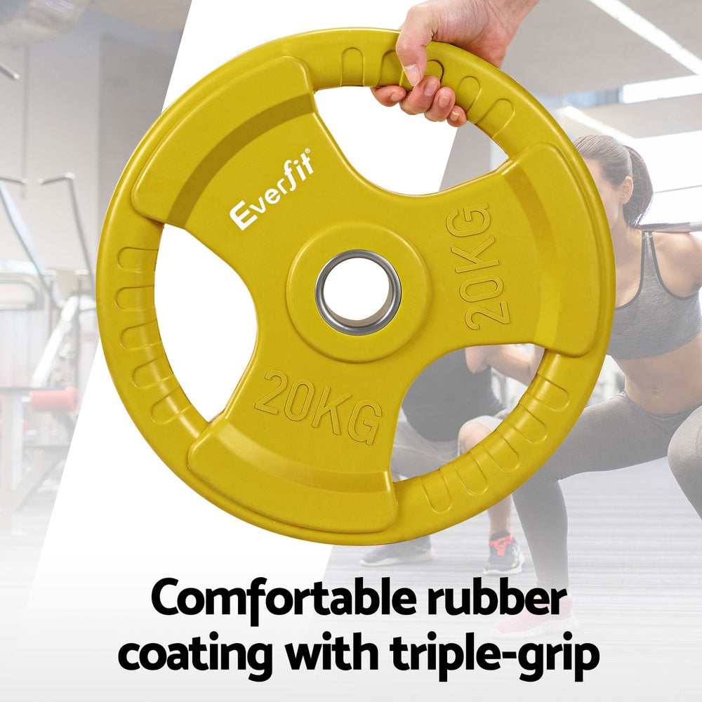 Yellow Olympic Everfit 20kg weight plates for dumbbell and barbell, suitable for home gym weight lifting exercises.