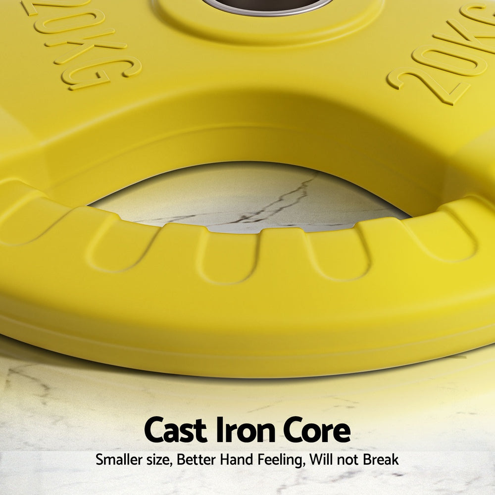 Yellow Everfit 20kg Olympic weight plates on a barbell, for home gym weight lifting, from Online Fitness Depot.