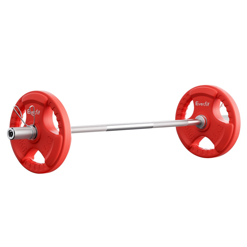 Everfit 36kg barbell and dumbbell set with red weights for home gym weight lifting, featuring 120cm size and durable plates.