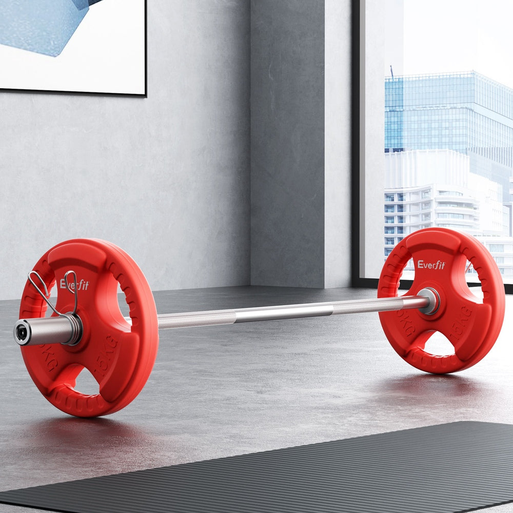 Everfit 36kg barbell and dumbbell set with red weights, 120cm length, for home gym weight lifting and strength training.
