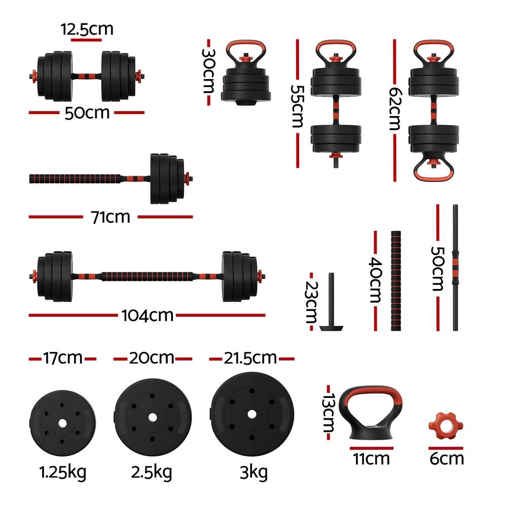 Everfit 40kg adjustable dumbbells set with weight plates and barbells, suitable for home gym and strength training exercises.