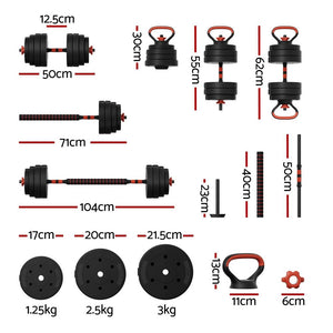 Everfit 40kg adjustable dumbbells set with weight plates and barbells, suitable for home gym and strength training exercises.