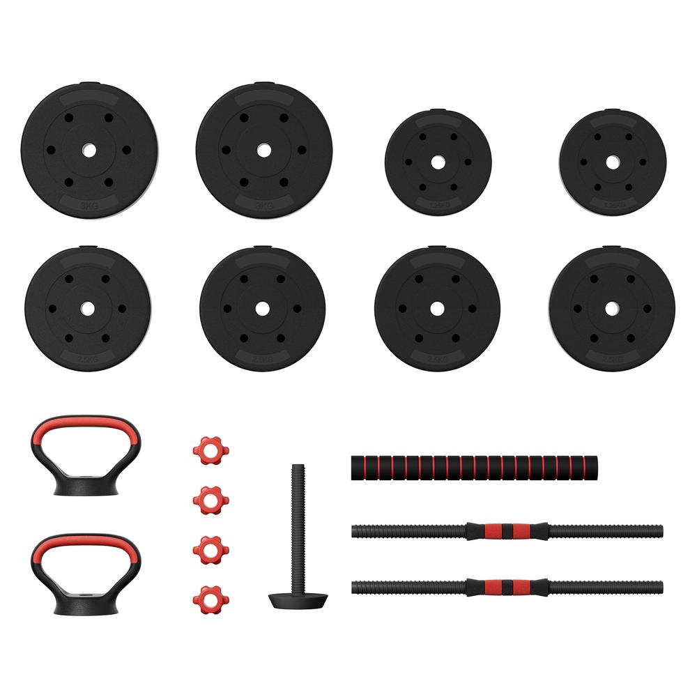 Everfit 40kg adjustable dumbbells set with weight plates and barbells for gym and fitness workouts.