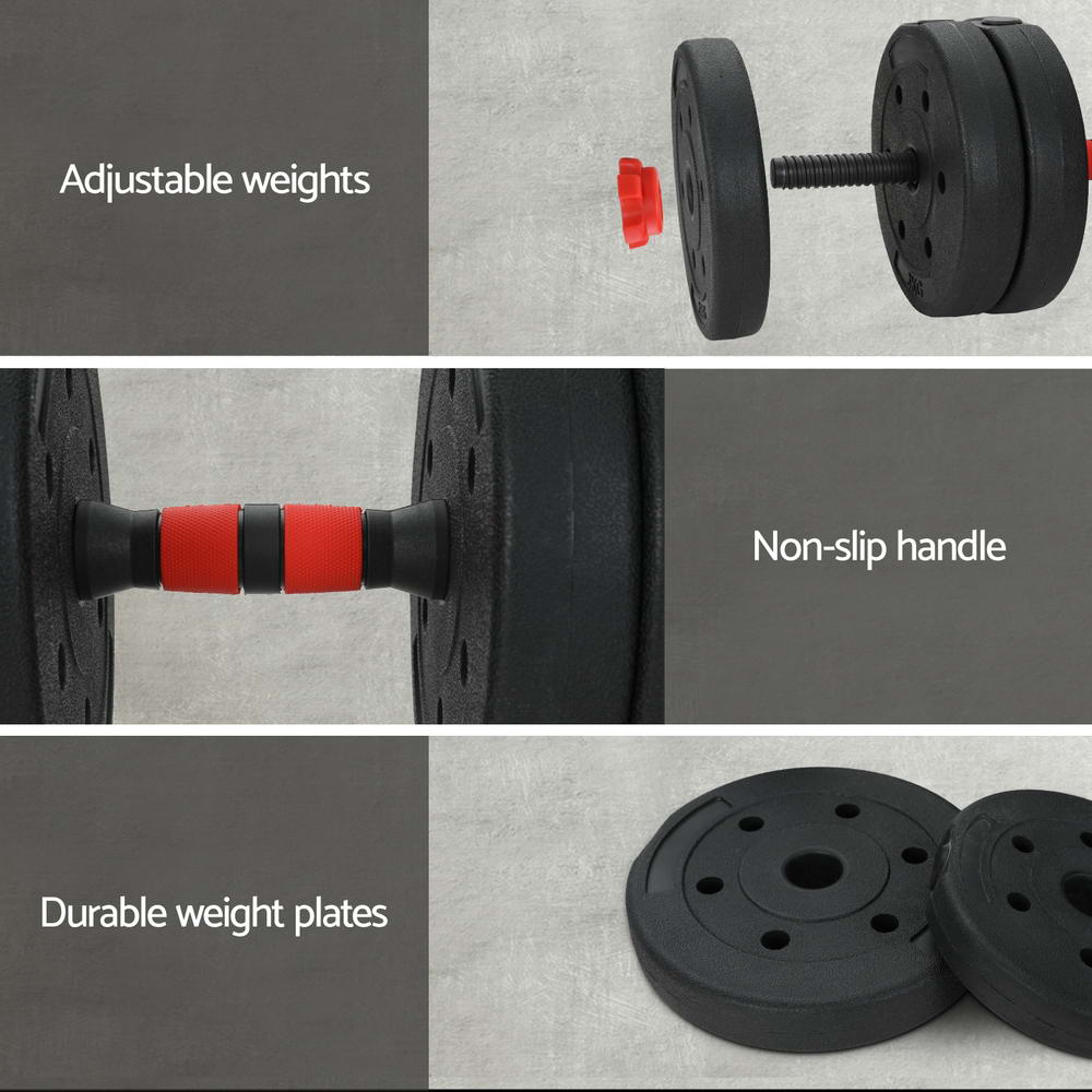 Everfit 40kg adjustable dumbbells set with kettlebell, weight plates, and barbells for gym and fitness training.