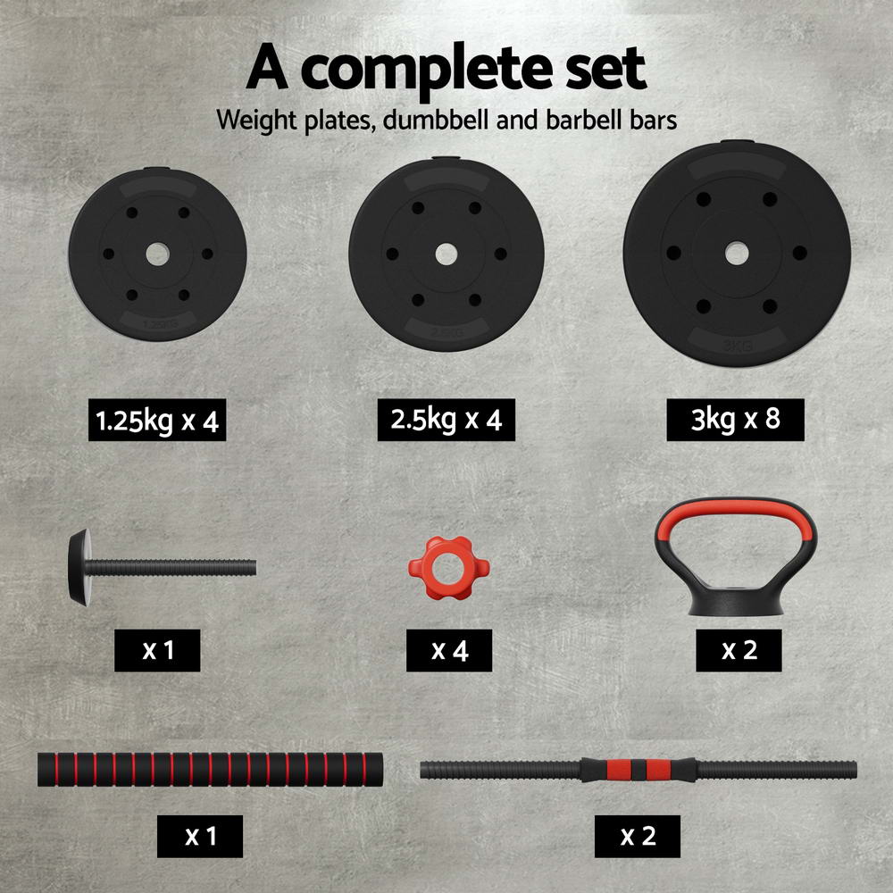 Everfit 40kg adjustable dumbbells set with weight plates and barbells for gym and fitness workouts.