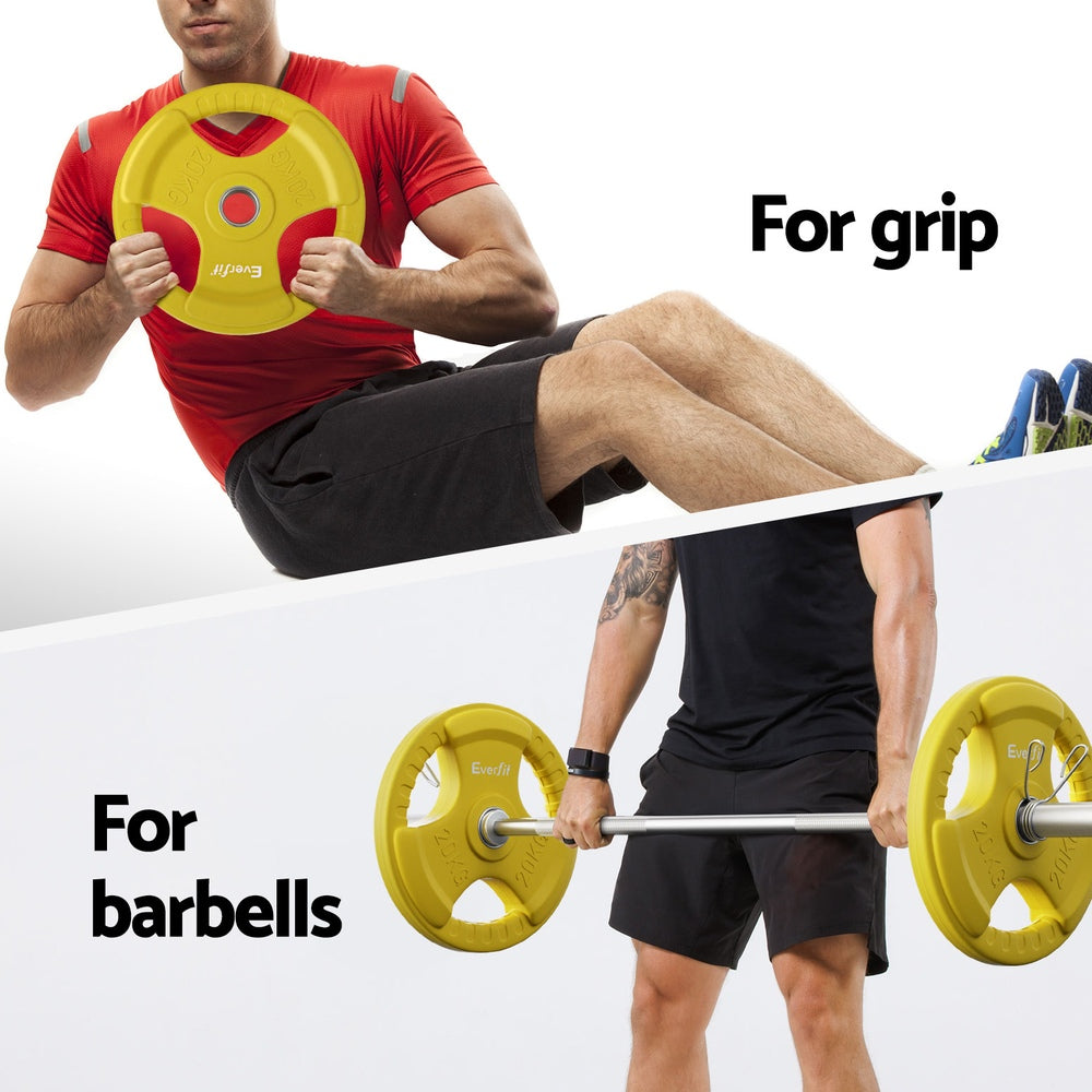 Yellow 46kg Everfit dumbbell barbell with plates, 120cm length, for weight lifting in home gym, by Online Fitness Depot.