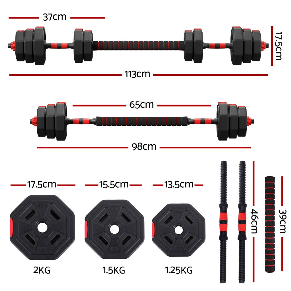 Everfit 20kg adjustable dumbbell barbell set with weight plates for home workouts, featuring black plates and adjustable bars.