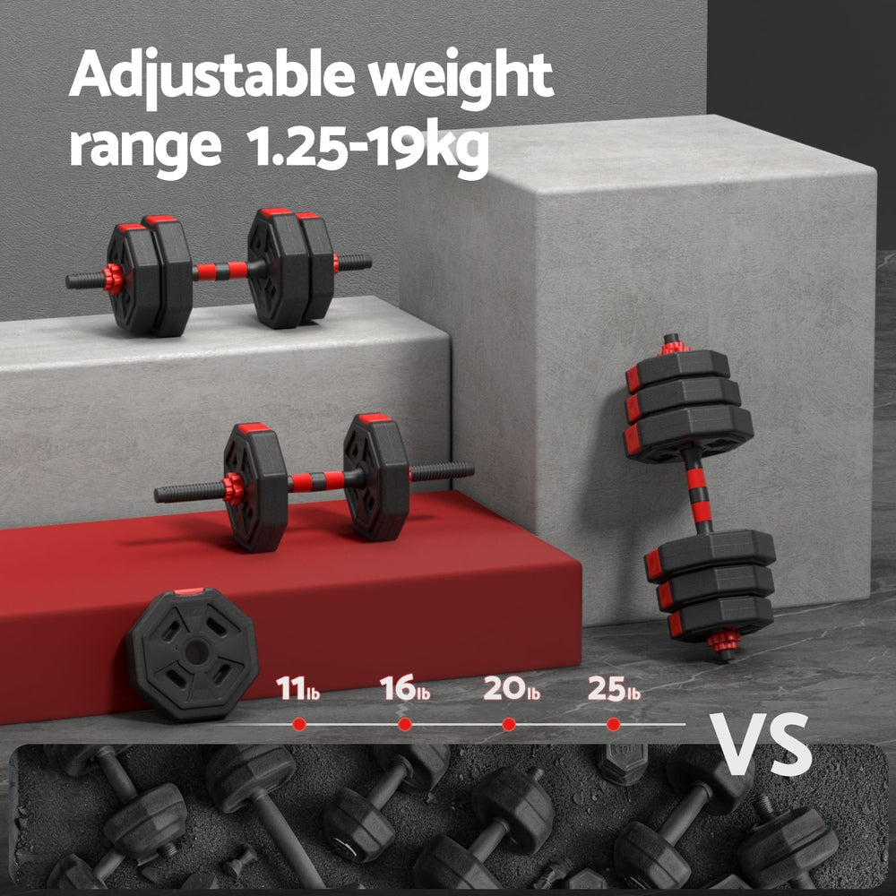 Everfit 20kg adjustable dumbbell and barbell set with weight plates for home workout, fitness training, and strength exercises.