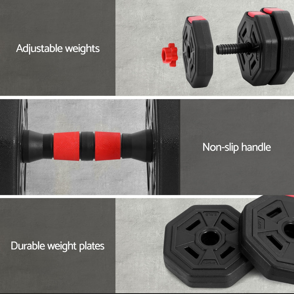 Everfit 20kg adjustable dumbbell barbell set with weight plates for home workouts, featuring black and silver weights and adjustable grips.