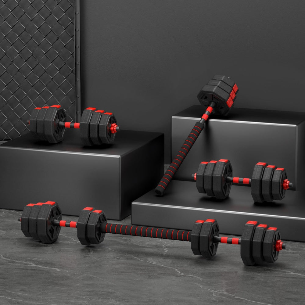 Everfit 20kg adjustable dumbbell barbell set with weight plates for home workout, fitness, and strength training.