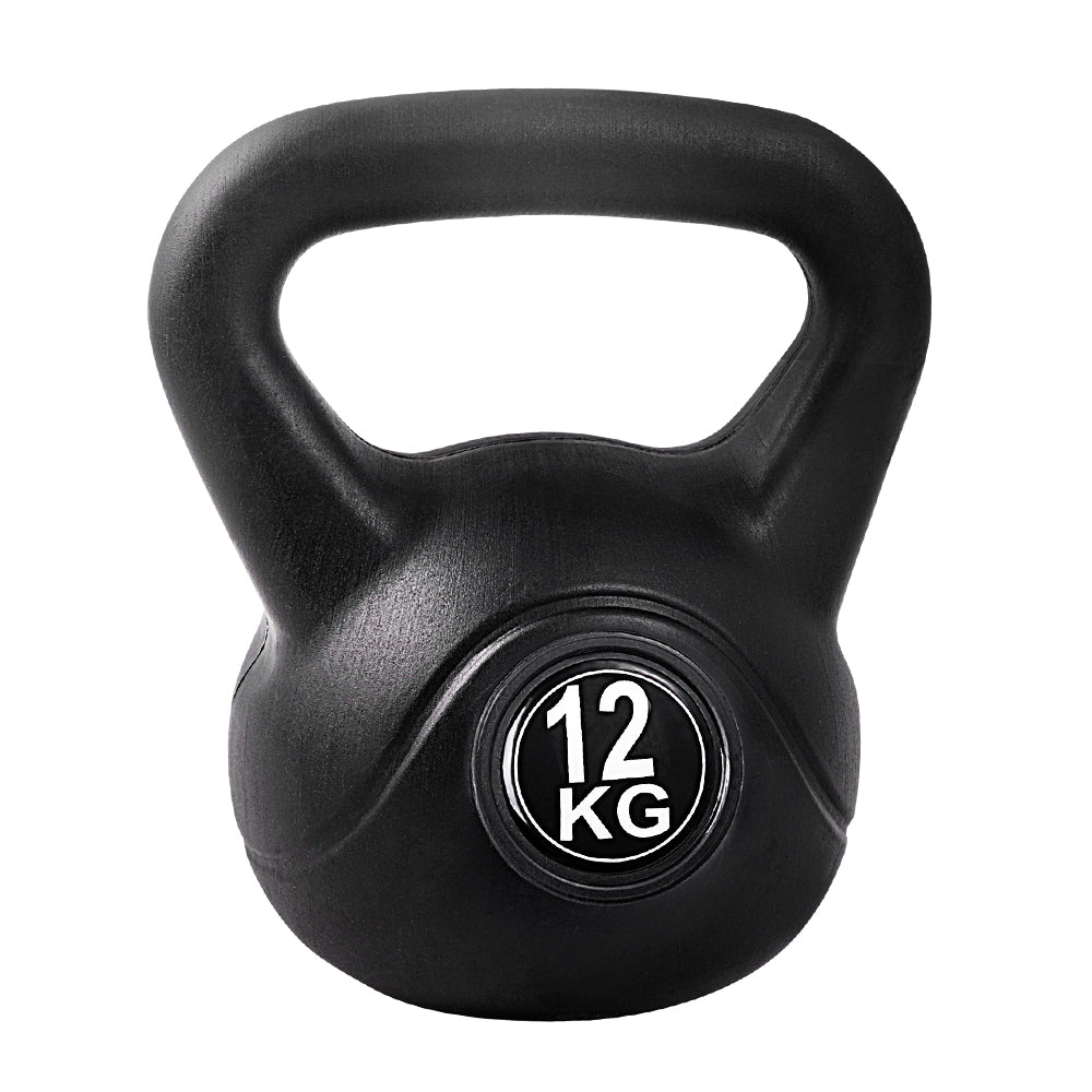 Black Everfit 12kg kettlebell and dumbbells set with a weightlifting bench for home gym training and strength exercises.