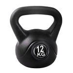 Black Everfit 12kg kettlebell and dumbbells set with a weightlifting bench for home gym training and strength exercises.