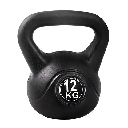 Black Everfit 12kg kettlebell and dumbbells set with a weightlifting bench for home gym training and strength exercises.