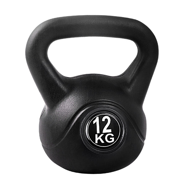 Black Everfit 12kg kettlebell and dumbbells set with a weightlifting bench for home gym training and strength exercises.
