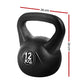 Black Everfit 12kg kettlebell set with gym weightlifting equipment, including dumbbells and a home exercise bench.
