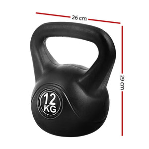 Black Everfit 12kg kettlebell set with gym weightlifting equipment, including dumbbells and a home exercise bench.